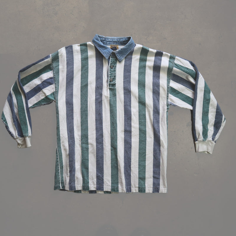 Stripe Rugby Polo With Denim Collar